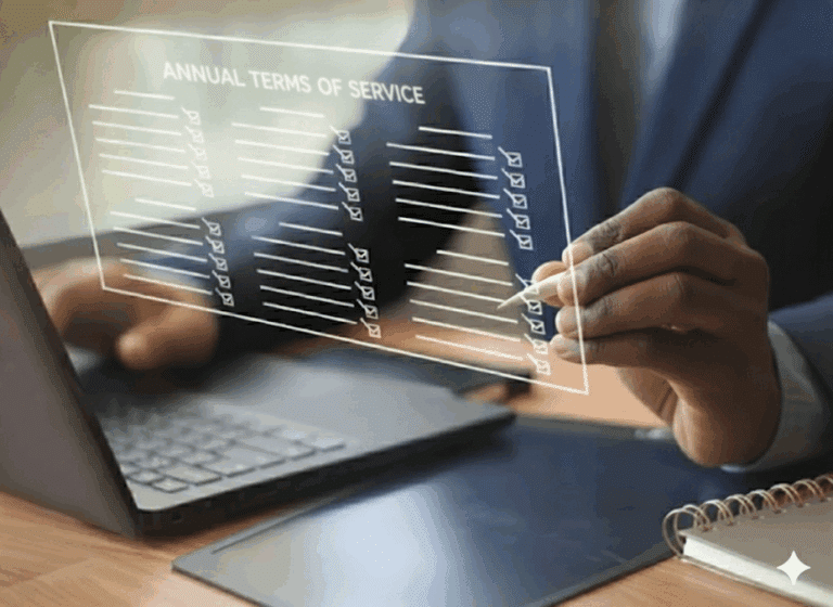 Person sitting in front of laptop with checklist for Annual Terms of Service