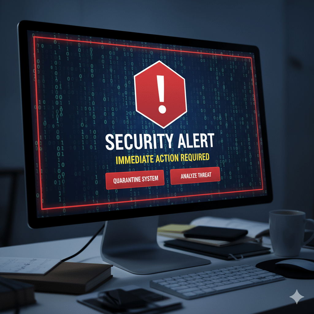 Photo of computer monitor showing security alert