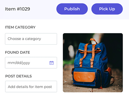 Our new lost and found interface with the picture of a backpack